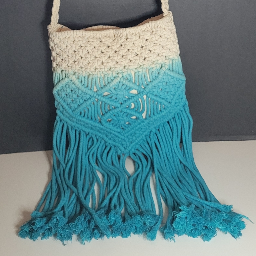 Boho Festival Purse Hippie Crochet Macrame Mossimo Fringe Bag Turquoise